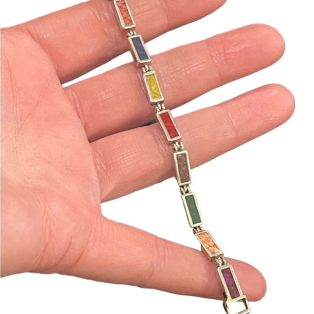 Vintage sterling silver 925  multi color crushed stone link bracelet Hallmarked - Picture 2 of 12